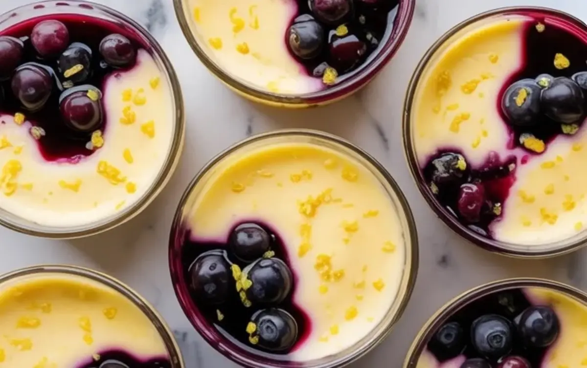 Top down view of several lemon blueberry cheesecake cups topped with glossy blueberries and scattered lemon zest.