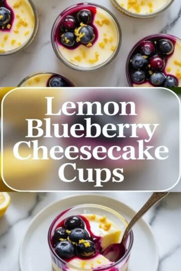 Featured image for lemon blueberry cheesecake cups showing blueberry topped cheesecake cups from above and one plated cup with a spoonful removed.