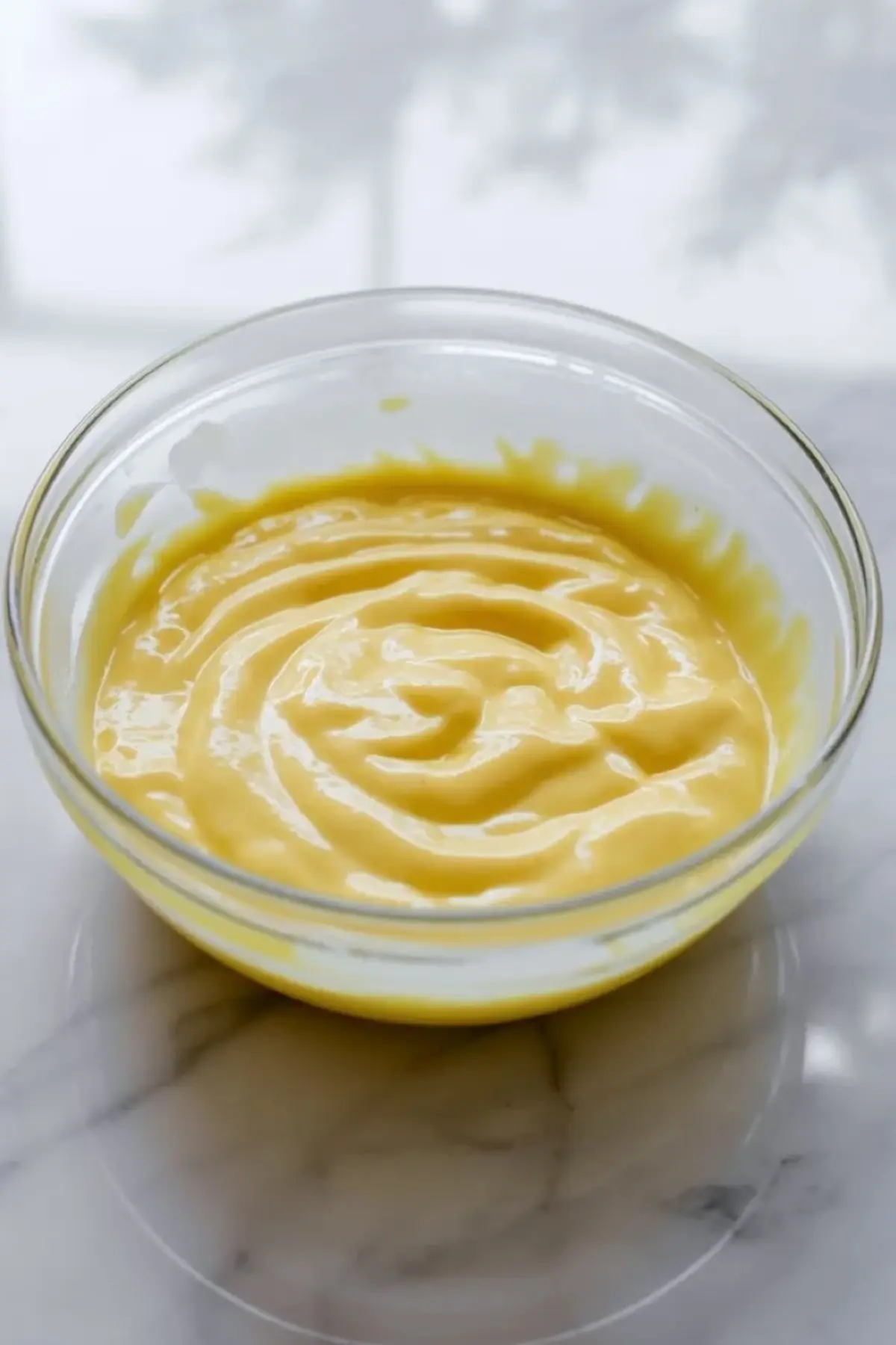 Smooth lemon filling for lemon blueberry crumb bars in a glass bowl on a white marble surface before baking.