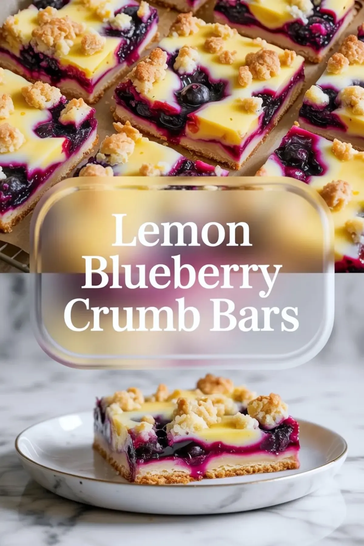 Tall finished view of lemon blueberry crumb bars showing cut bars above and one plated bar below with crumb topping and blueberry swirls.