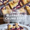 Lemon blueberry crumb bars shown in a 2 to 3 hero image with a tray of bars above and one plated bar below.