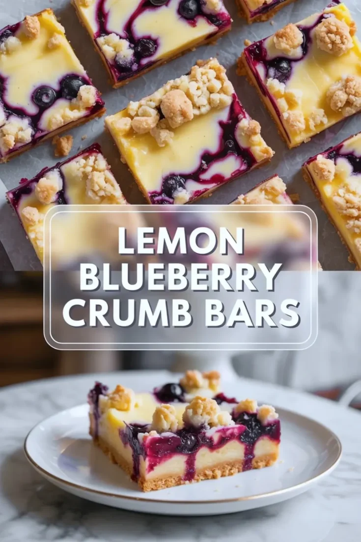 Lemon blueberry crumb bars shown in a 2 to 3 hero image with a tray of bars above and one plated bar below.