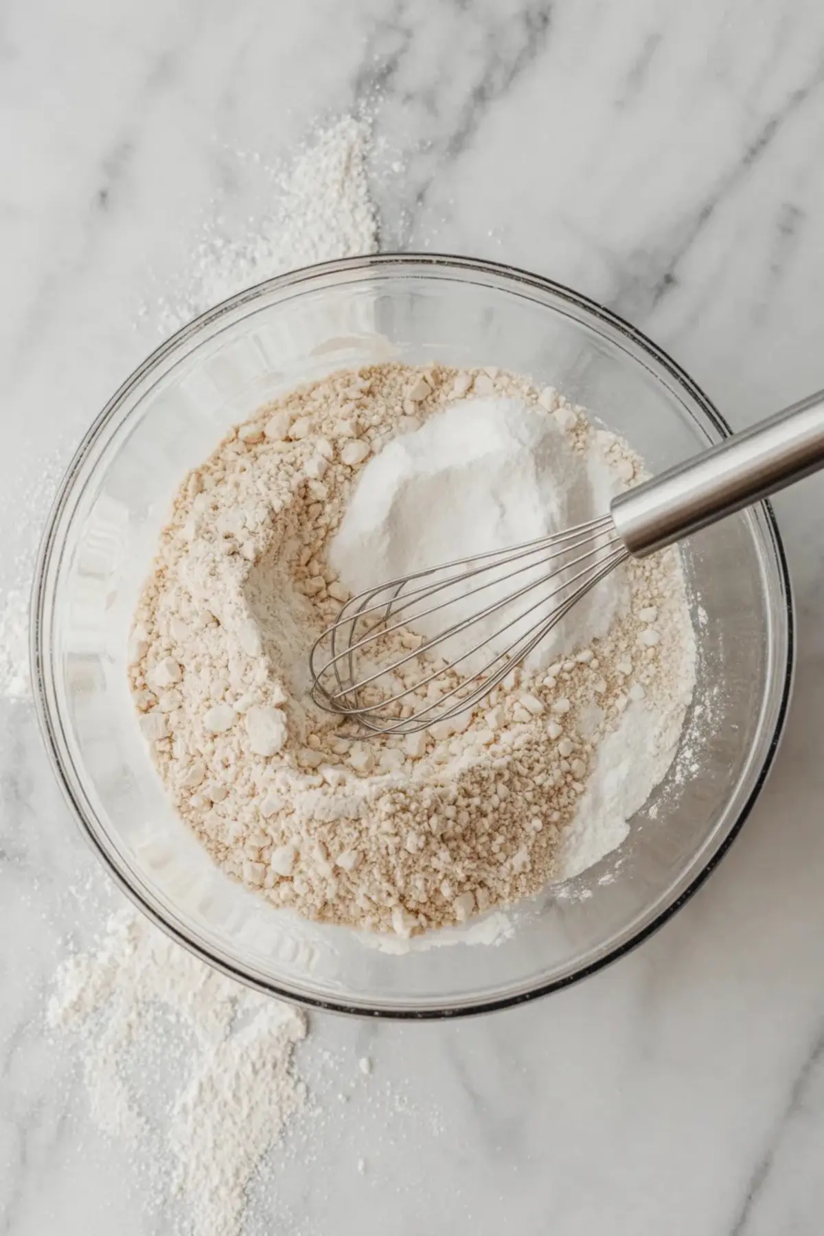 Dry ingredients whisked in a glass bowl for lemon olive oil cake on a white marble surface.