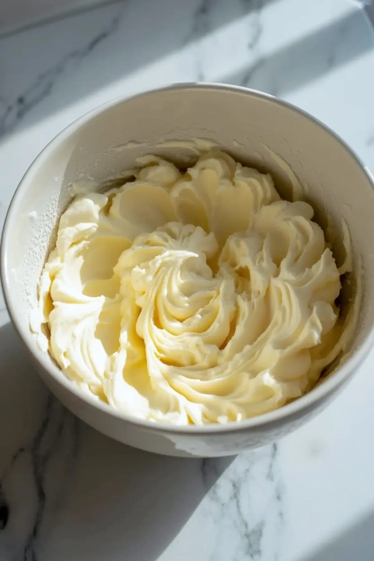 Smooth pale batter for lemon olive oil cake in a white mixing bowl, showing the thick vanilla lemon mixture before baking.