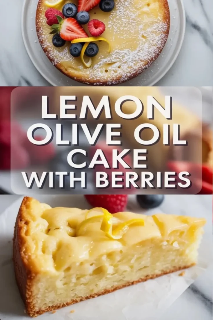Lemon olive oil cake shown in a 2 to 3 hero image with a plated slice topped with berries and lemon curls on a white plate.