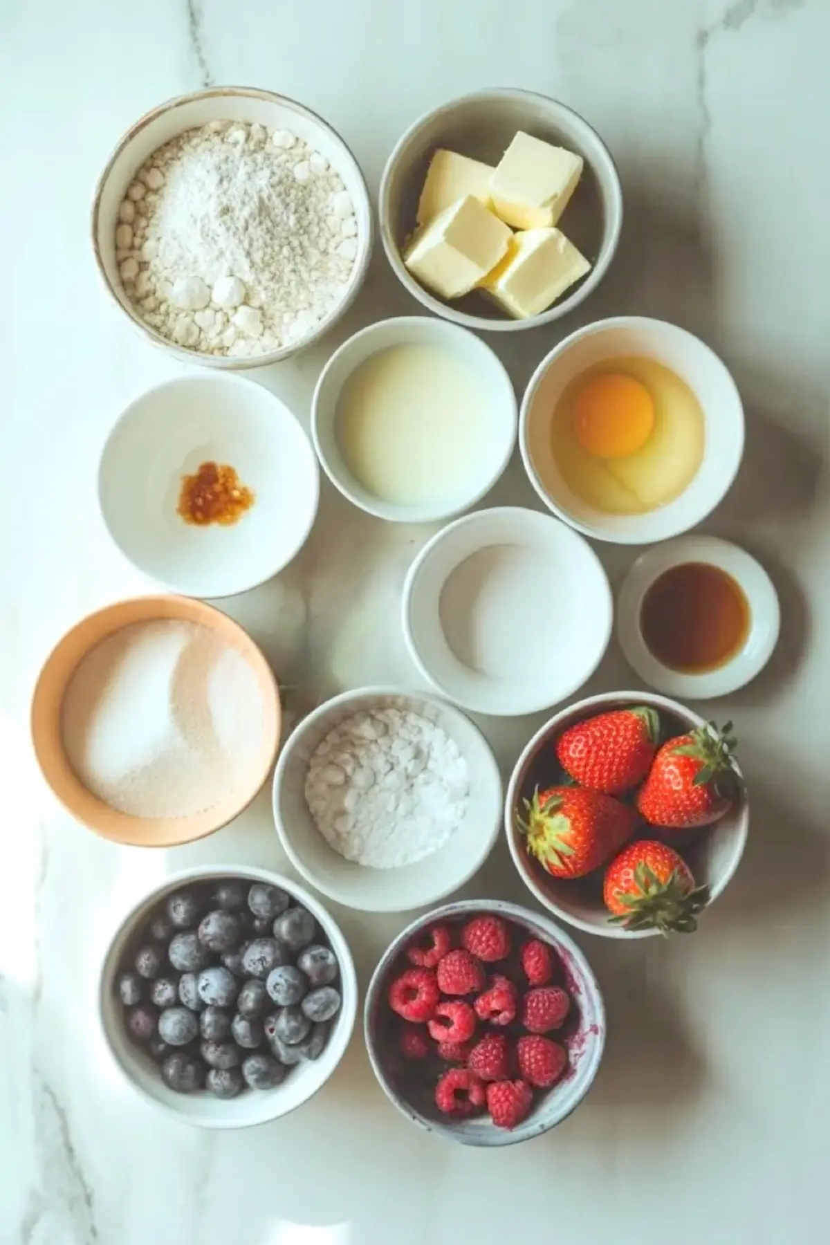 Ingredients for lemon olive oil cake with berries arranged on white marble with flour, butter, sugar, eggs, lemon zest, vanilla, strawberries, blueberries, and raspberries.