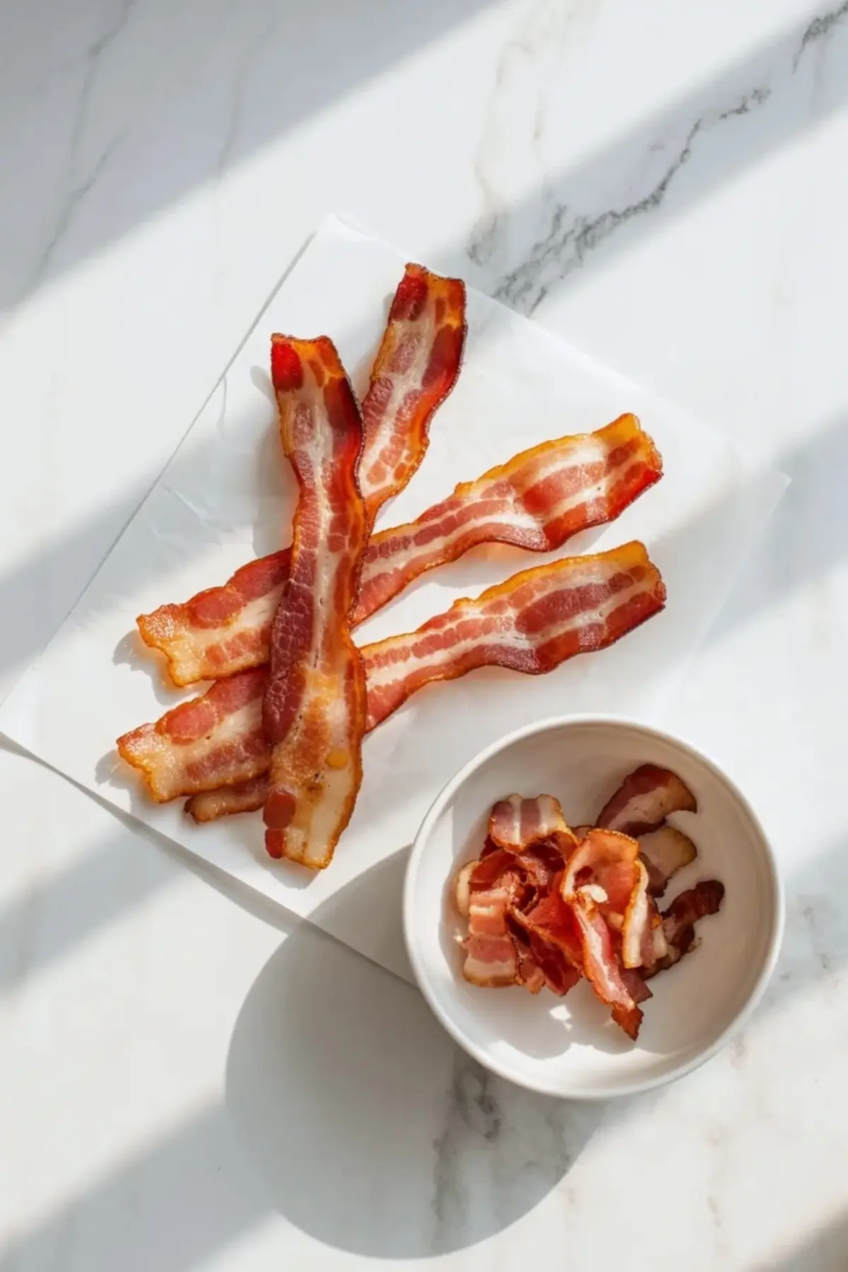 Cooked bacon strips and chopped bacon pieces for maple bacon cupcakes on a white marble surface.