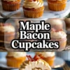 Collage of maple bacon cupcakes showing frosted cupcakes on a marble stand and a cut cupcake with bacon baked into the crumb.