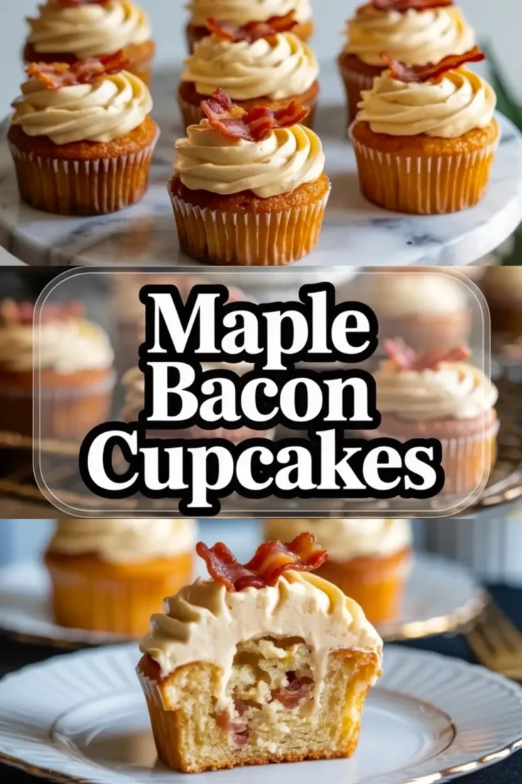 Collage of maple bacon cupcakes showing frosted cupcakes on a marble stand and a cut cupcake with bacon baked into the crumb.