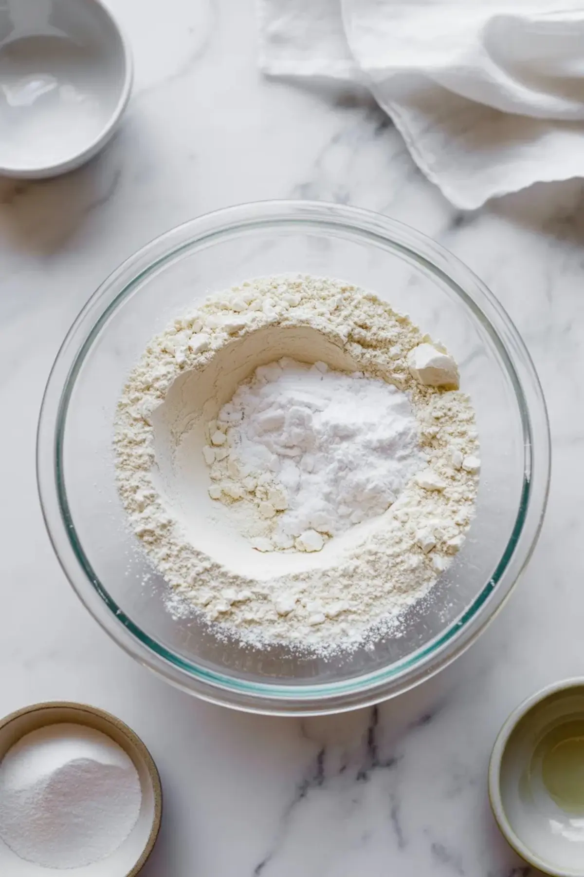 Dry ingredients measured in a bowl for mascarpone olive oil berry cake before mixing into the batter.