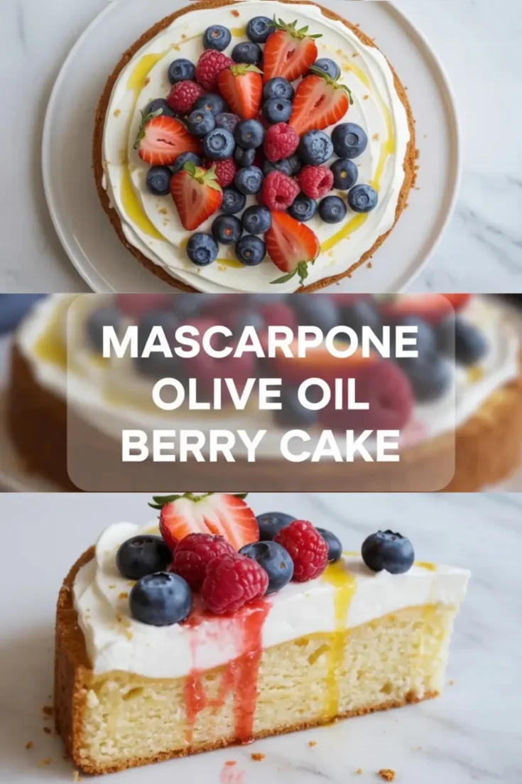 Mascarpone olive oil berry cake topped with whipped mascarpone, strawberries, blueberries, and raspberries, shown as a finished cake with a berry-topped slice.