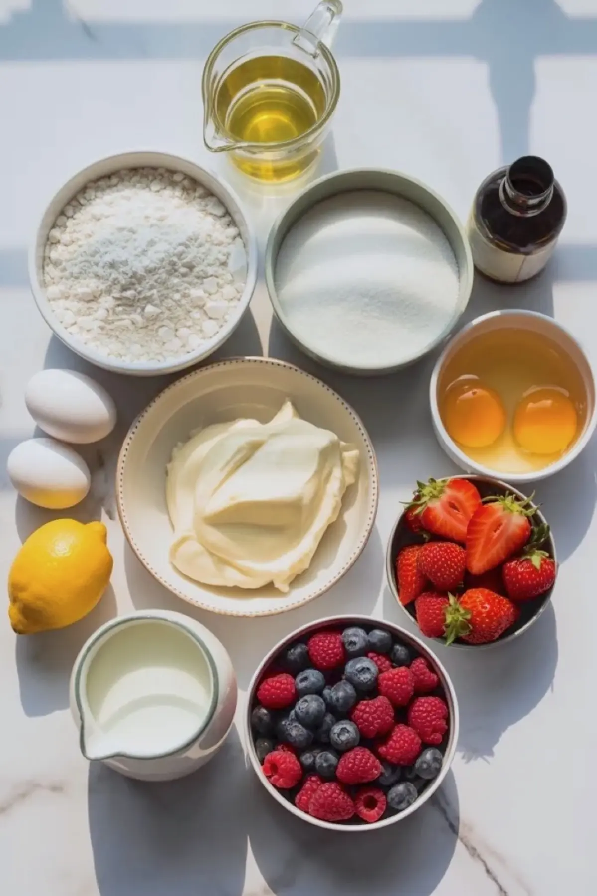 Ingredients for mascarpone olive oil berry cake including flour, sugar, eggs, olive oil, mascarpone, milk, lemon, vanilla, strawberries, blueberries, and raspberries.