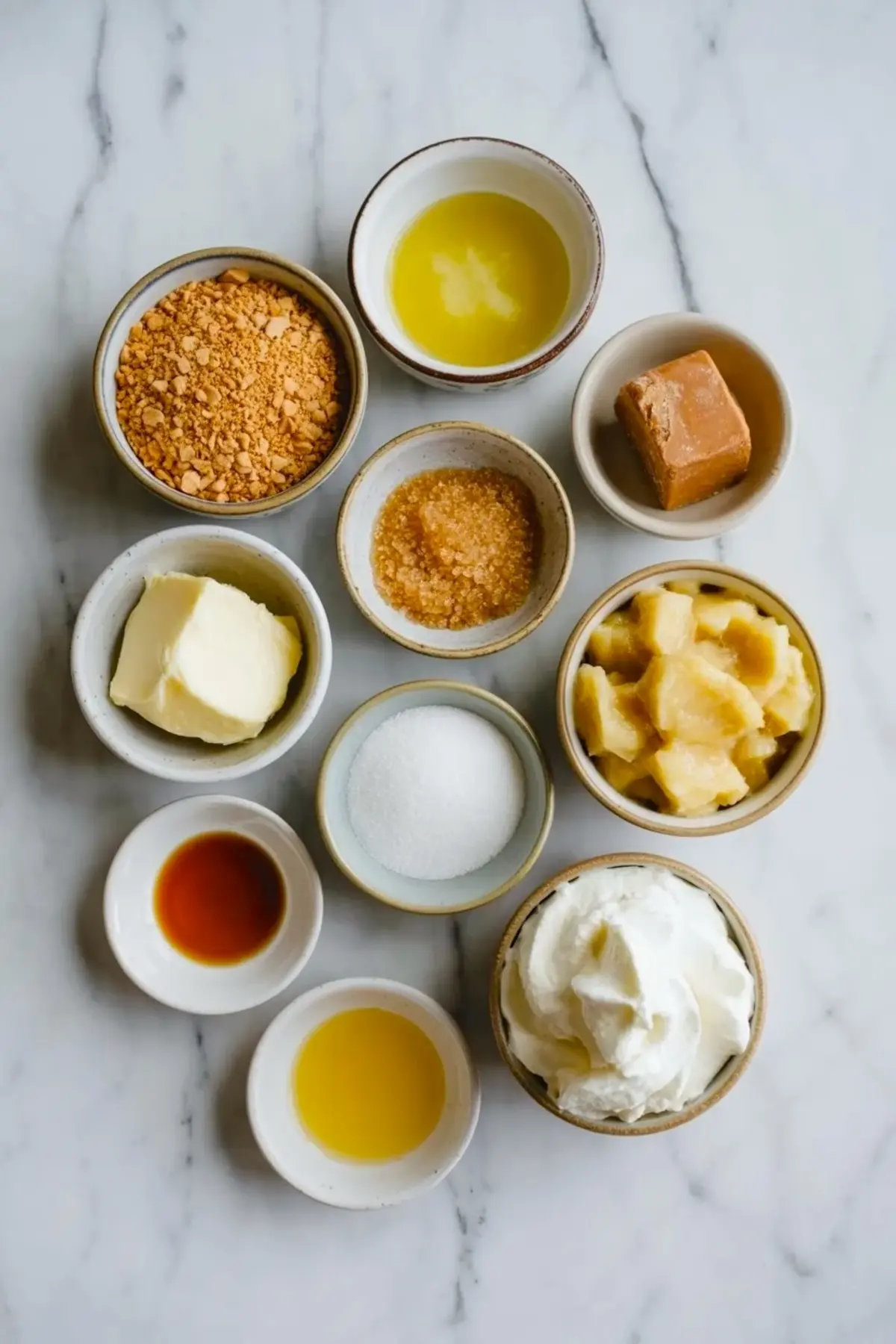 Ingredients for mini banana mousse cheesecakes arranged on white marble with crushed biscuits, melted butter, sugar, banana pieces, vanilla, cream cheese, and whipped cream.