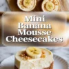 Mini banana mousse cheesecakes shown in a 2 to 3 hero image with several finished banana cheesecakes topped with banana slices and crumbs on a white marble surface.