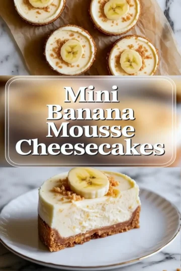 Mini banana mousse cheesecakes shown in a 2 to 3 hero image with several finished banana cheesecakes topped with banana slices and crumbs on a white marble surface.