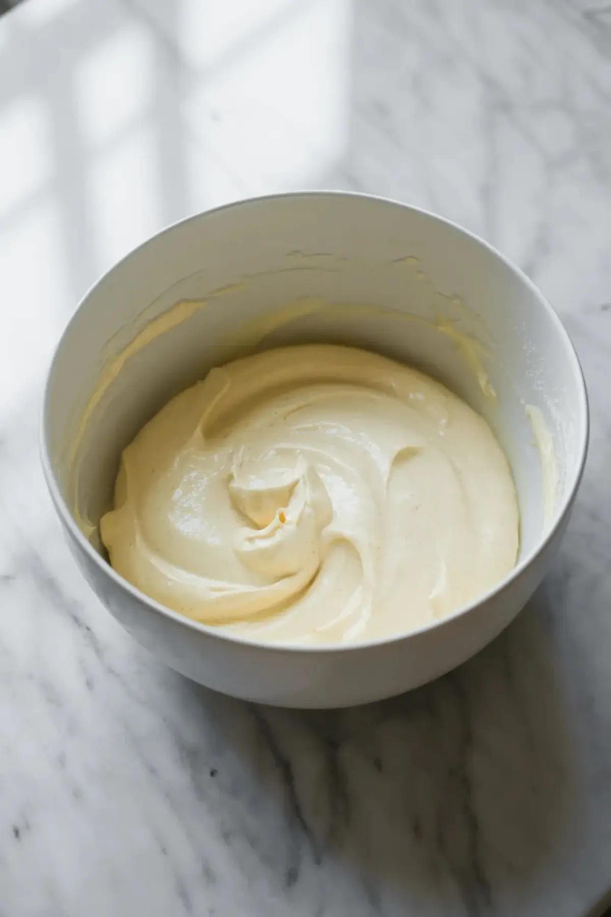 Smooth banana cheesecake filling in a white bowl for mini banana mousse cheesecakes, showing the light mousse-like texture before piping.