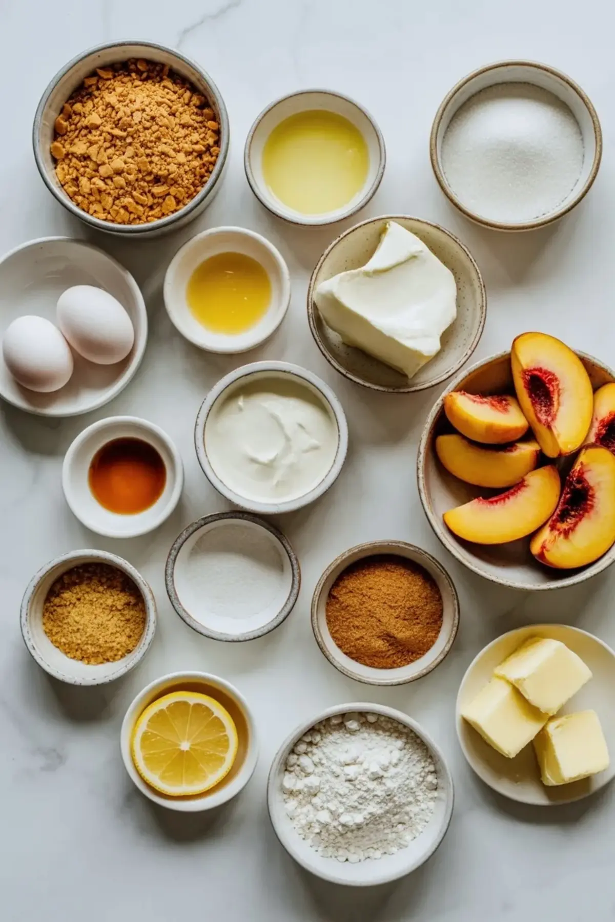 Ingredients for mini peach cobbler cheesecakes arranged with peaches, cream cheese, graham crumbs, sugar, eggs, sour cream, butter, and cinnamon.