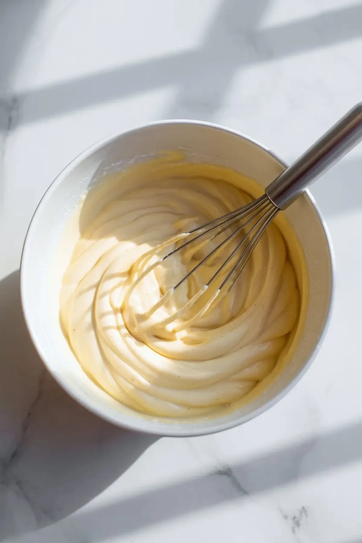 Cheesecake filling being whisked smooth in a bowl for mini peach cobbler cheesecakes before baking.