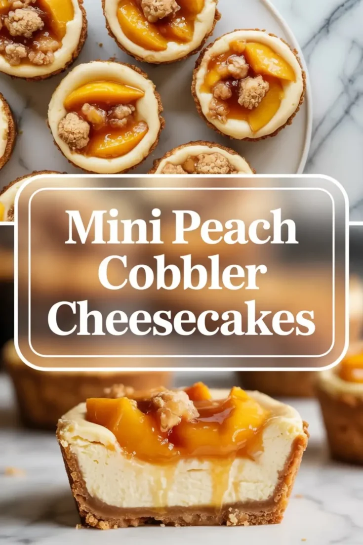 Mini peach cobbler cheesecakes on a cooling rack topped with glossy peach slices and small cobbler crumble pieces.