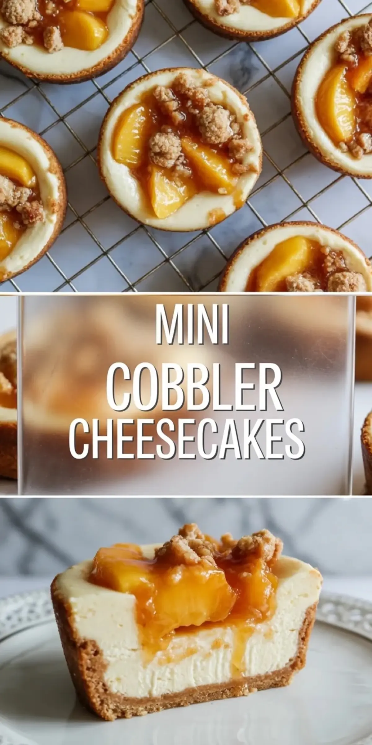 Collage showing mini peach cobbler cheesecakes with creamy centers, peach topping, and crumble in a plated serving view.