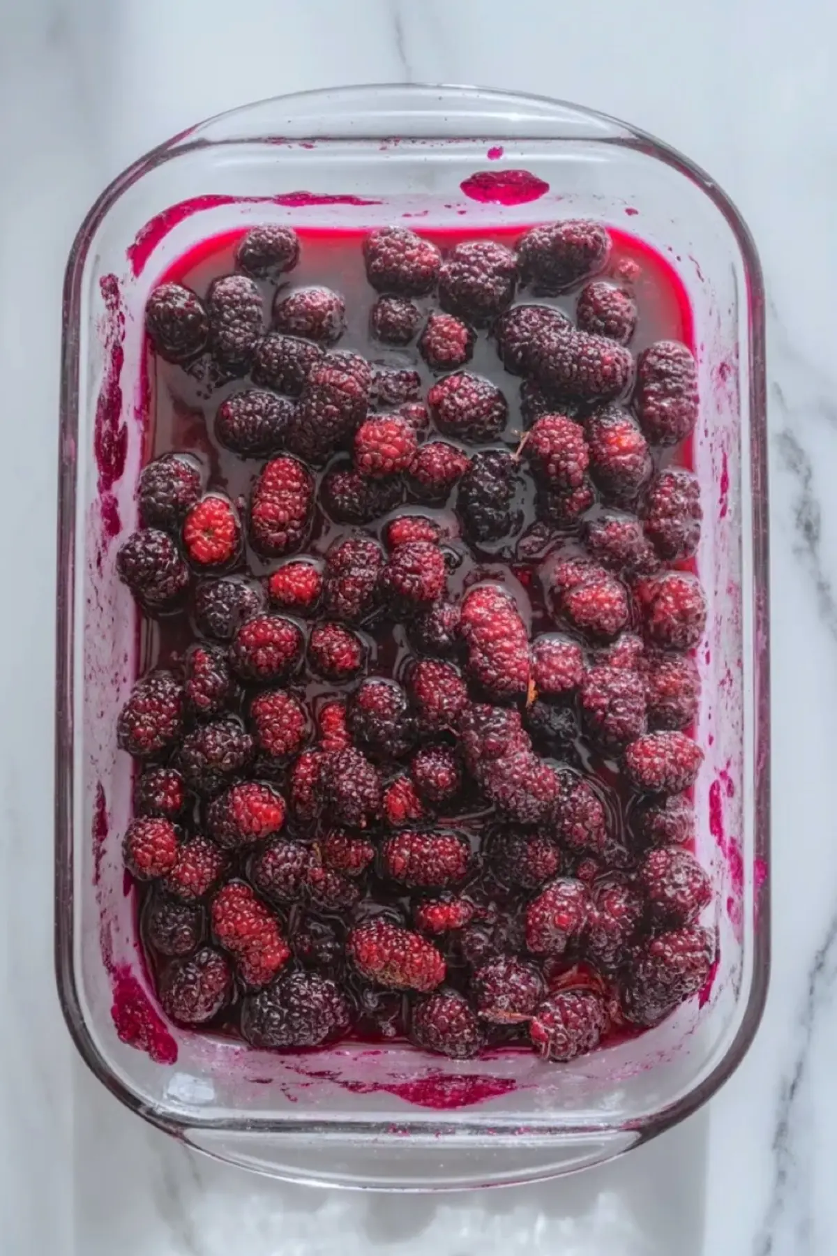 Mulberries in a glass baking dish for mulberry dump cake, showing the sugared berry base before the cake mix topping is added.