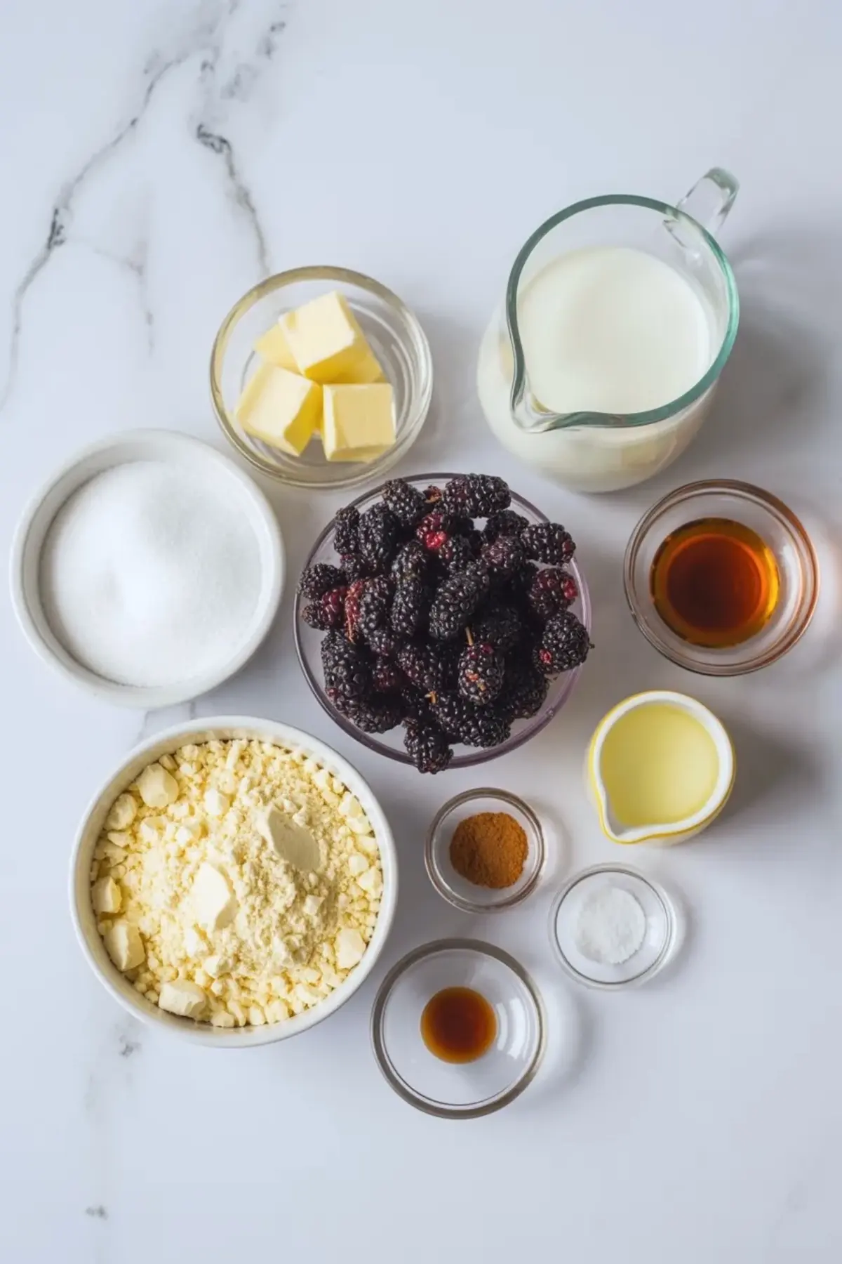 Ingredients for mulberry dump cake arranged on white marble with mulberries, yellow cake mix, sugar, butter, milk, vanilla, lemon juice, cinnamon, and salt.