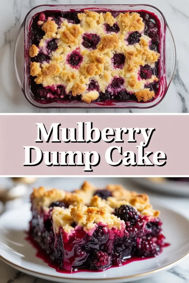 Mulberry dump cake shown in a 2 to 3 hero image with the baked berry dessert in a glass dish above and one glossy jammy serving on a plate below with title text in the center.