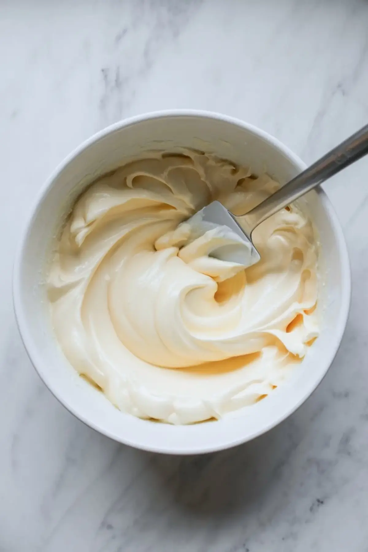 Mulberry mousse cake filling being folded in a white mixing bowl with a spatula as the texture turns smooth and creamy.