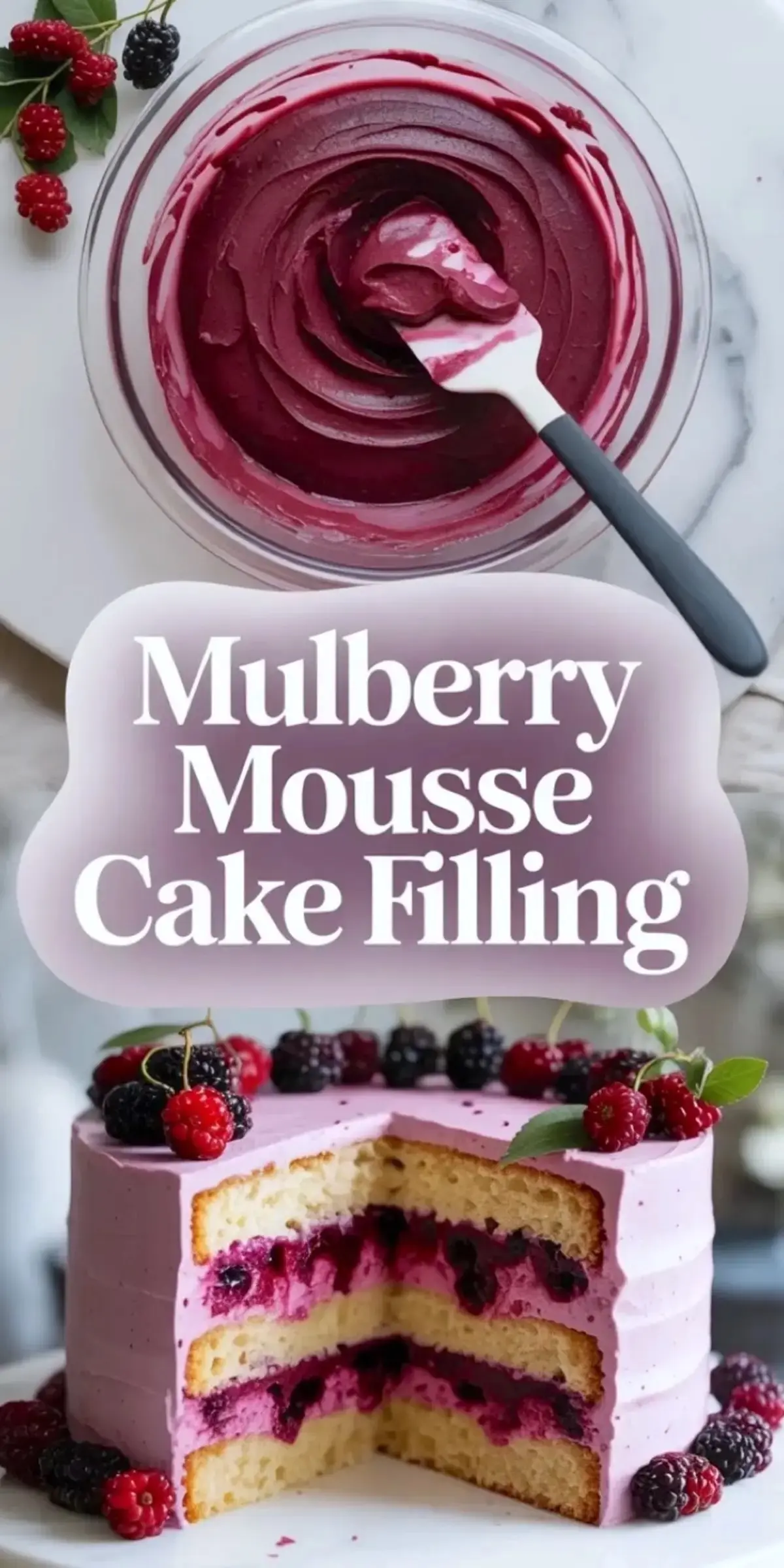 Closing vertical collage for mulberry mousse cake filling showing a bowl of deep berry mousse, text label, and a sliced layer cake filled with mulberry mousse.