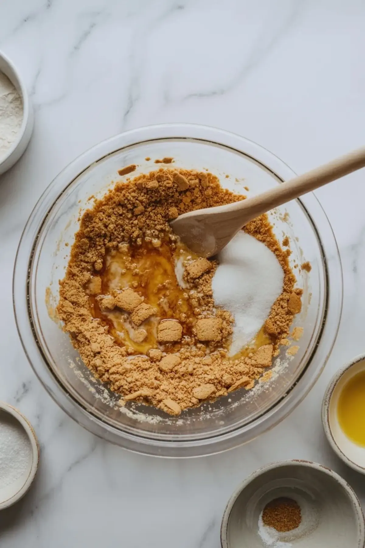 Graham cracker crumbs, sugar, and melted butter are mixed in a bowl to make the crust for orange creamsicle bars.