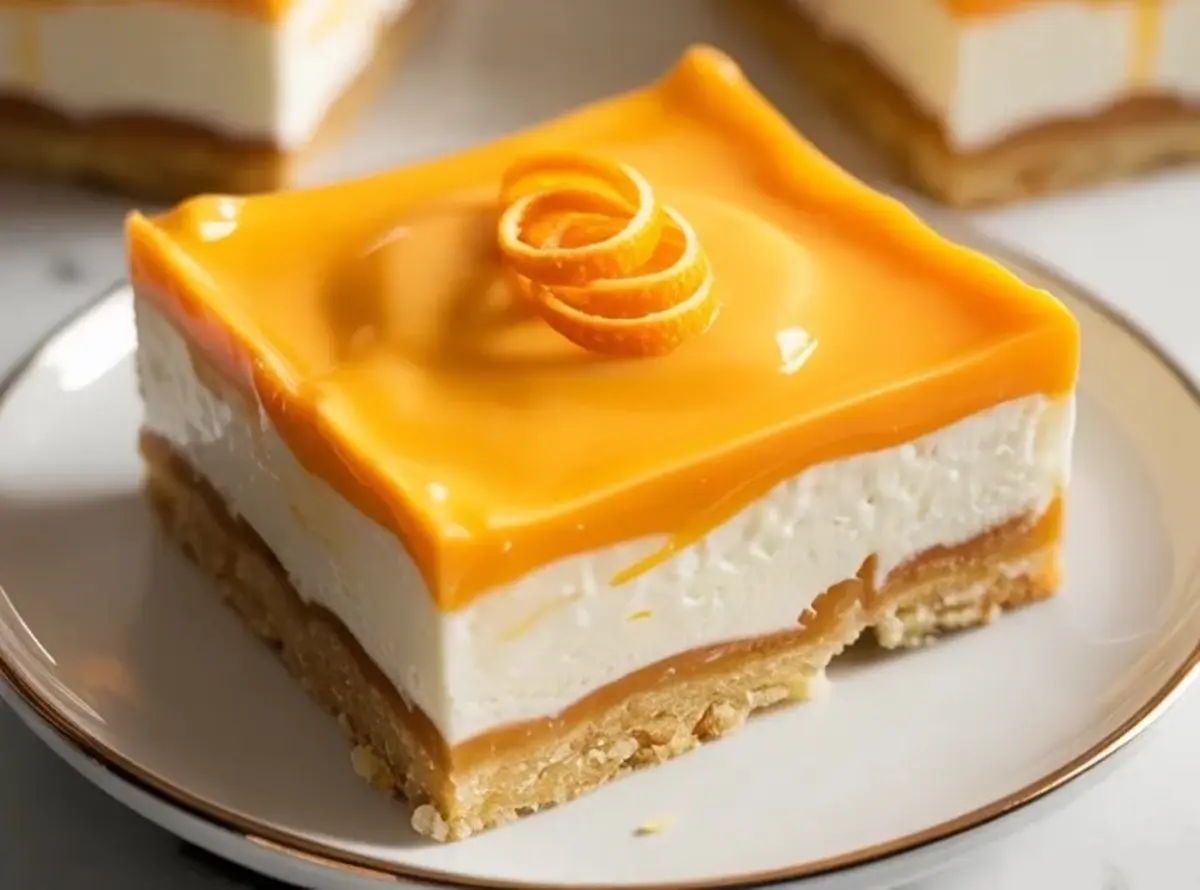 A plated orange creamsicle bar shows the glossy orange top, creamy middle layer, and buttery crust in a close up serving view.