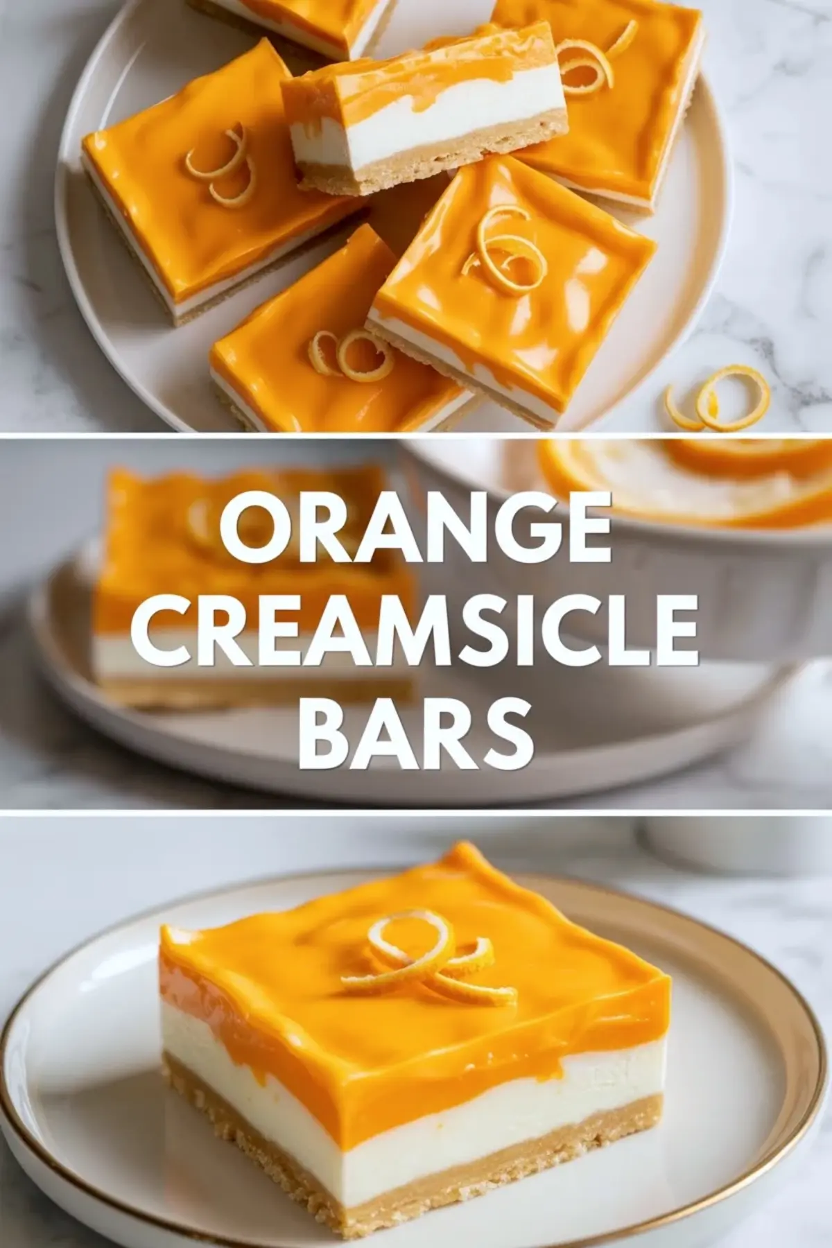 Bright orange topping for orange creamsicle bars cooks in a small saucepan before it is cooled and poured over the cream layer.