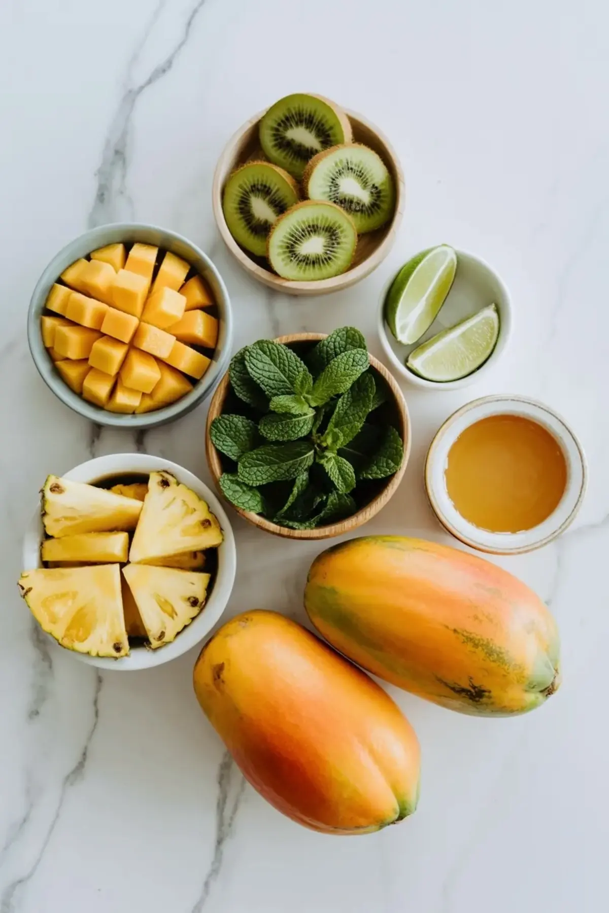 Ingredients for papaya lime boats arranged on white marble with whole papayas, mango, pineapple, kiwi, lime, mint, and honey.