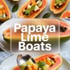 Papaya lime boats shown in a 2 to 3 hero image with several finished papaya halves filled with kiwi, mango, pineapple, and mint on a marble surface.