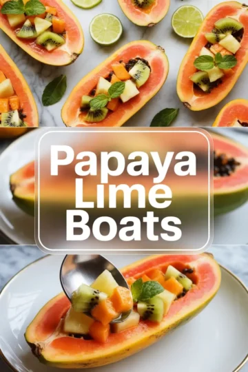 Papaya lime boats shown in a 2 to 3 hero image with several finished papaya halves filled with kiwi, mango, pineapple, and mint on a marble surface.