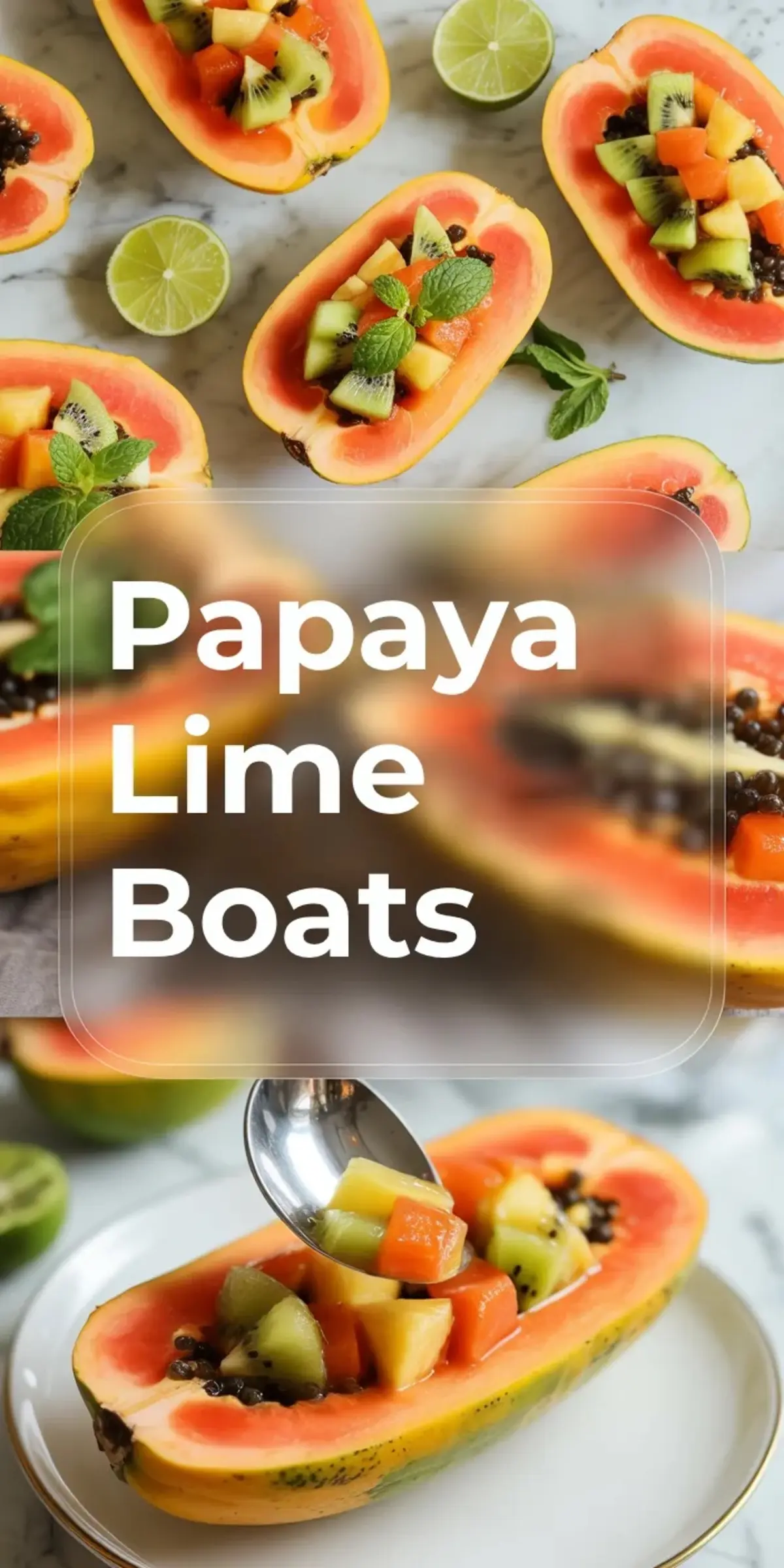 Tall collage of papaya lime boats showing several finished papaya boats above and one spooned papaya boat below with the recipe title in the center.