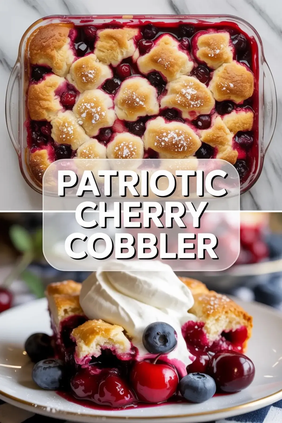 Close view of patriotic cherry cobbler with golden topping, bubbling cherries, and blueberries after baking.