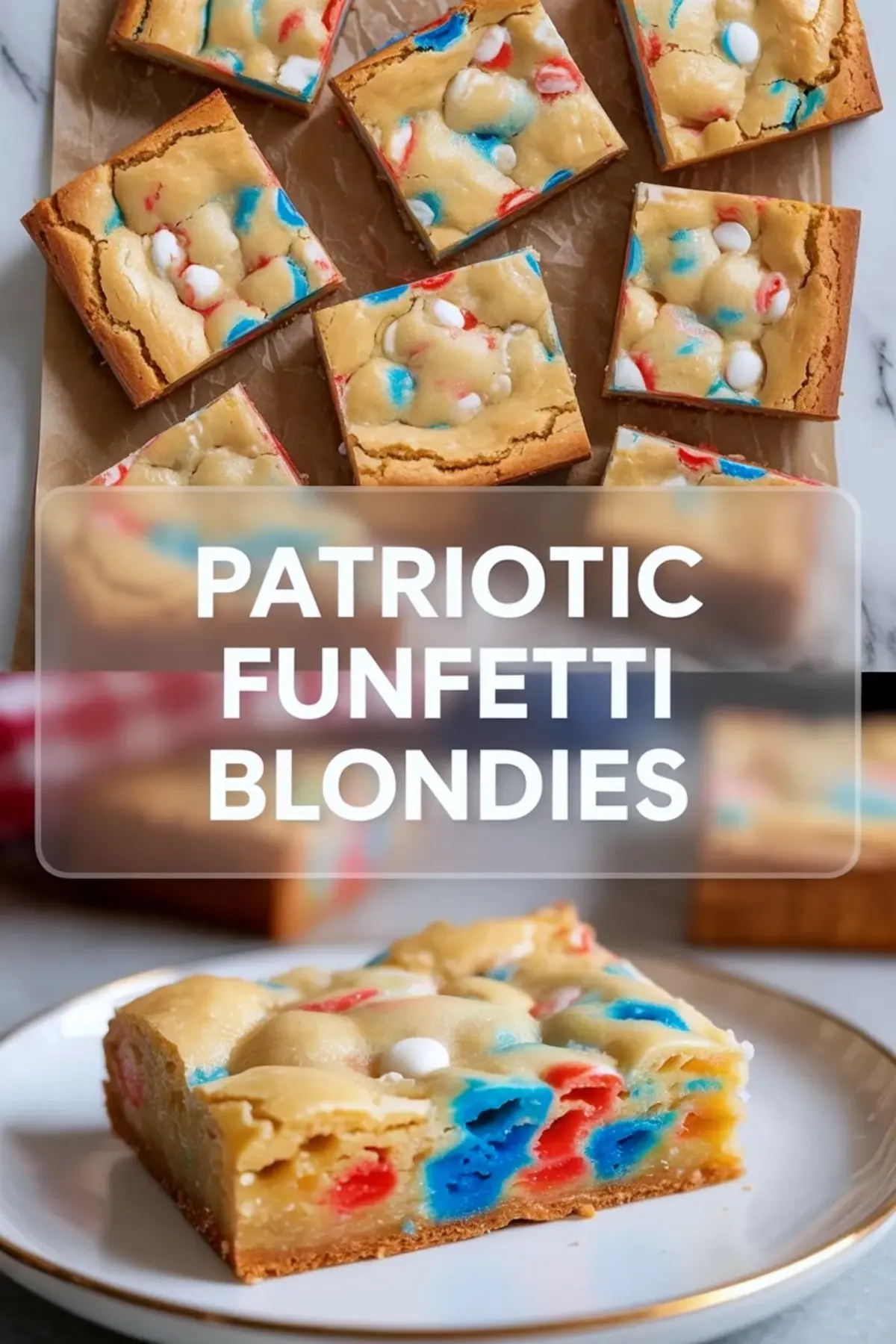 Patriotic funfetti blondie on a plate with colorful red, white, and blue candy pieces baked into the center.