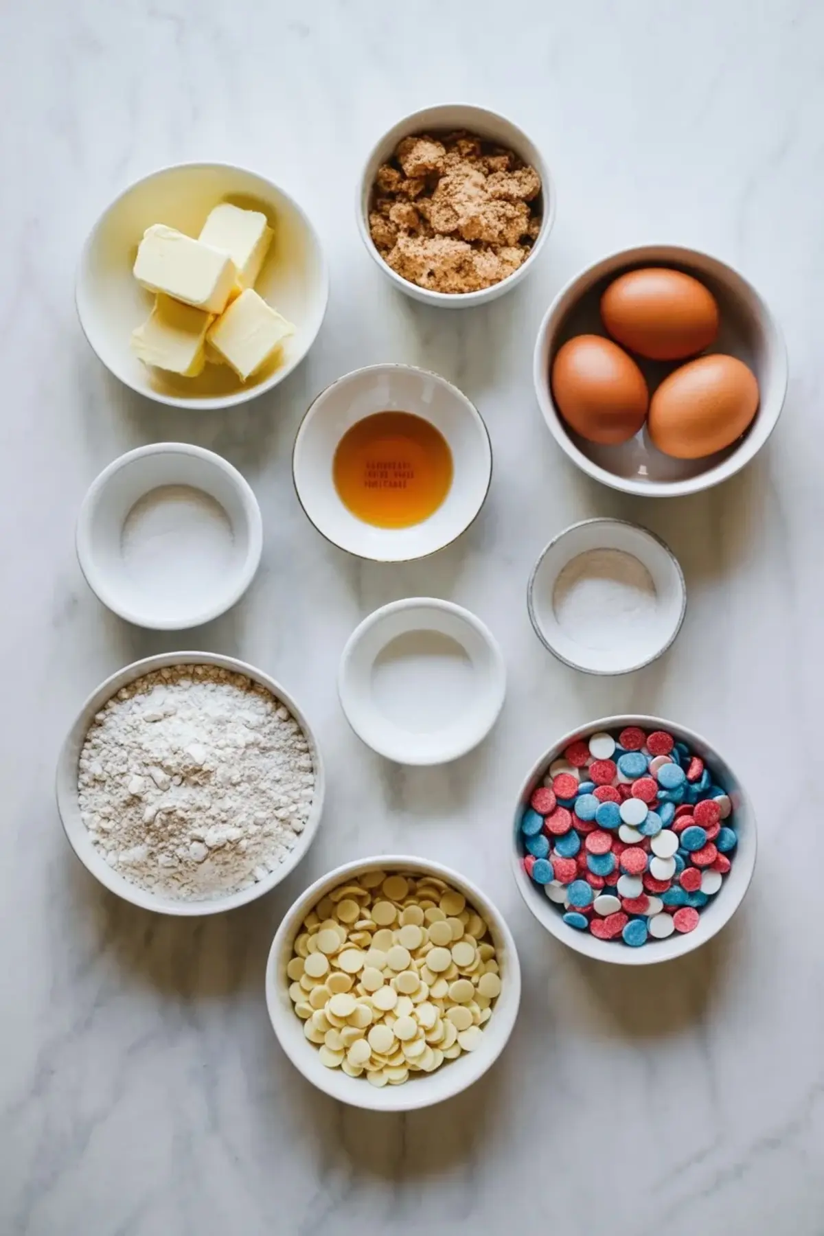 Ingredients for patriotic funfetti blondies arranged with butter, brown sugar, eggs, flour, vanilla, white chocolate chips, and red, white, and blue candies.
