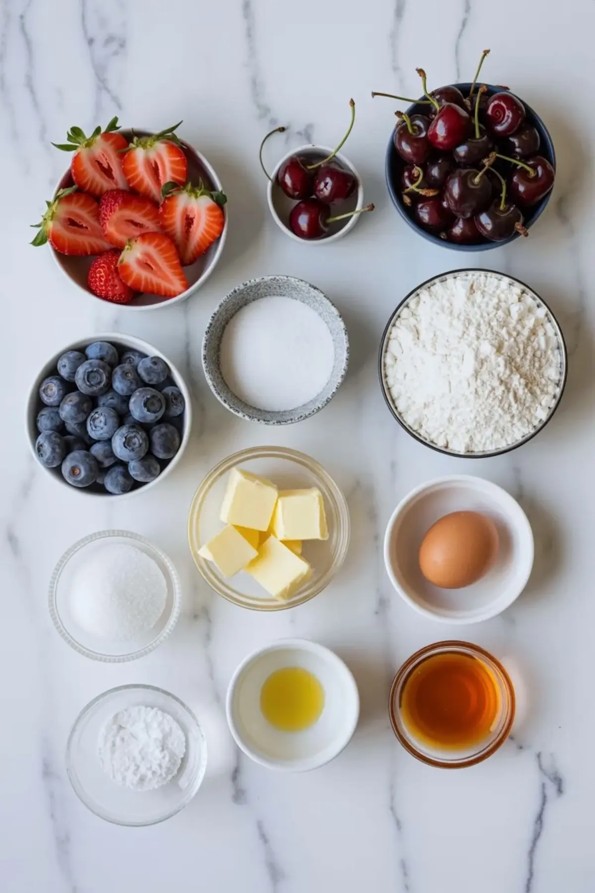 Ingredients for 4th of July berry galette arranged with strawberries, blueberries, cherries, flour, butter, sugar, egg, lemon juice, and cornstarch.