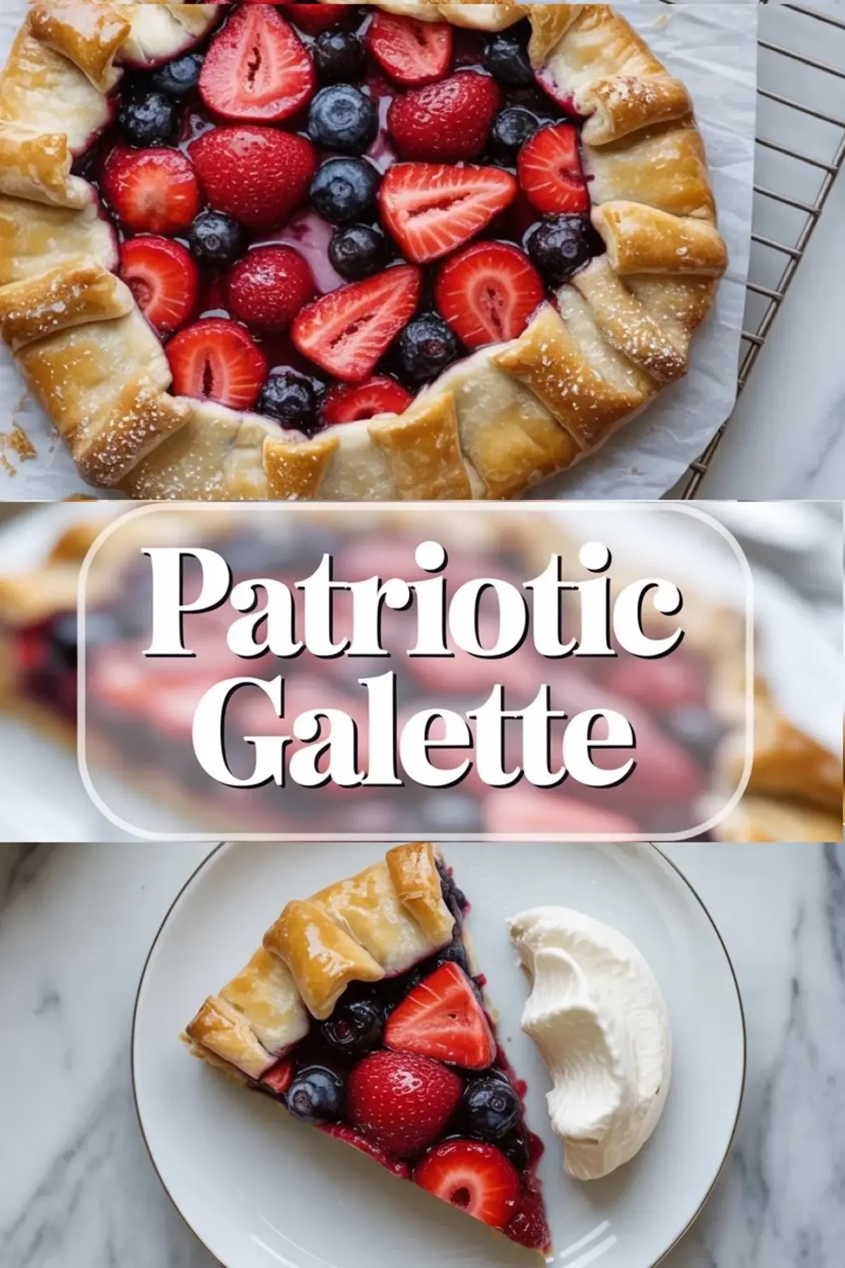 Patriotic galette with glossy berry filling and a plated slice served with whipped cream.