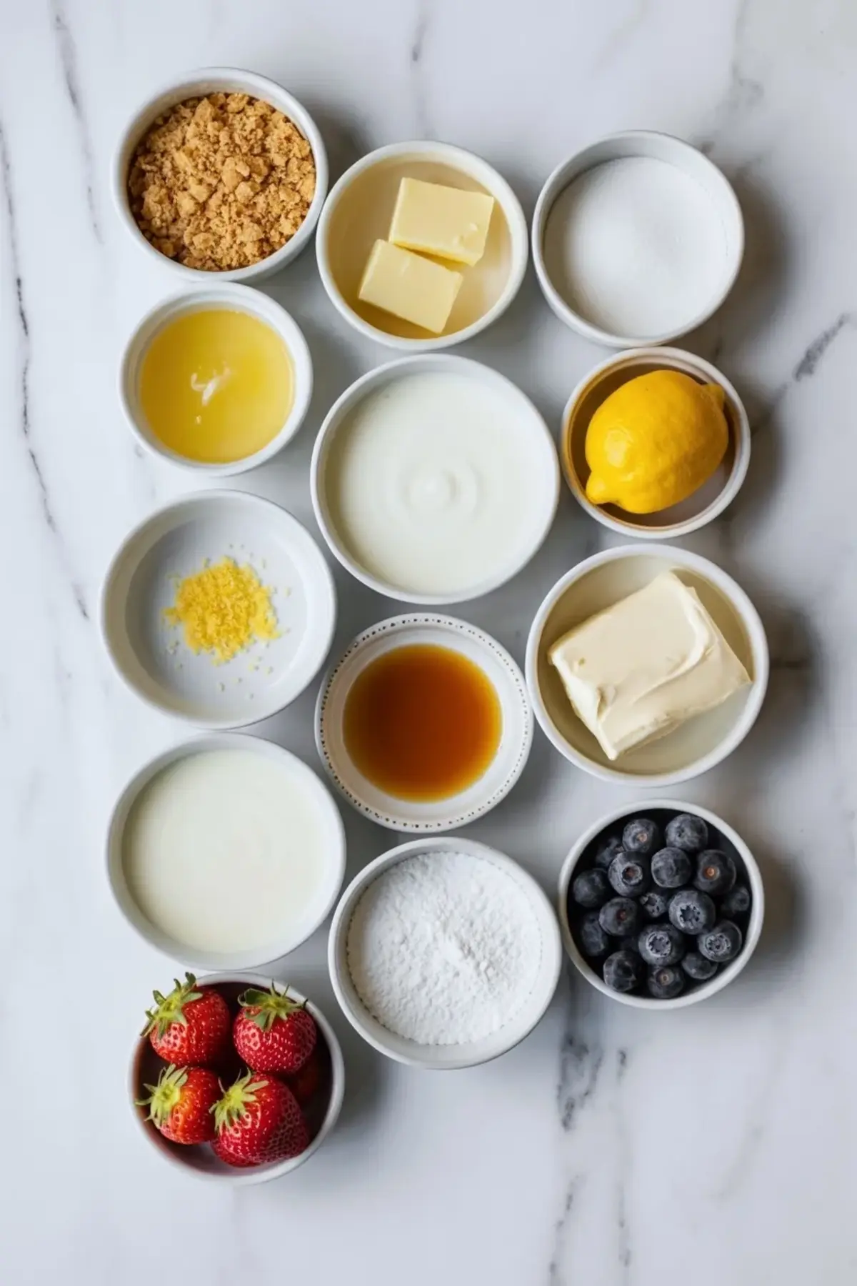 Ingredients for patriotic lemon icebox pie arranged with graham crumbs, butter, lemon, cream cheese, sweetened condensed milk, powdered sugar, strawberries, and blueberries.