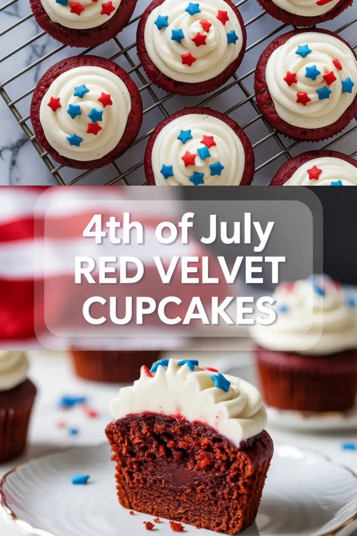 4th of July red velvet cupcakes with cream cheese frosting and festive star sprinkles, shown whole and cut open.