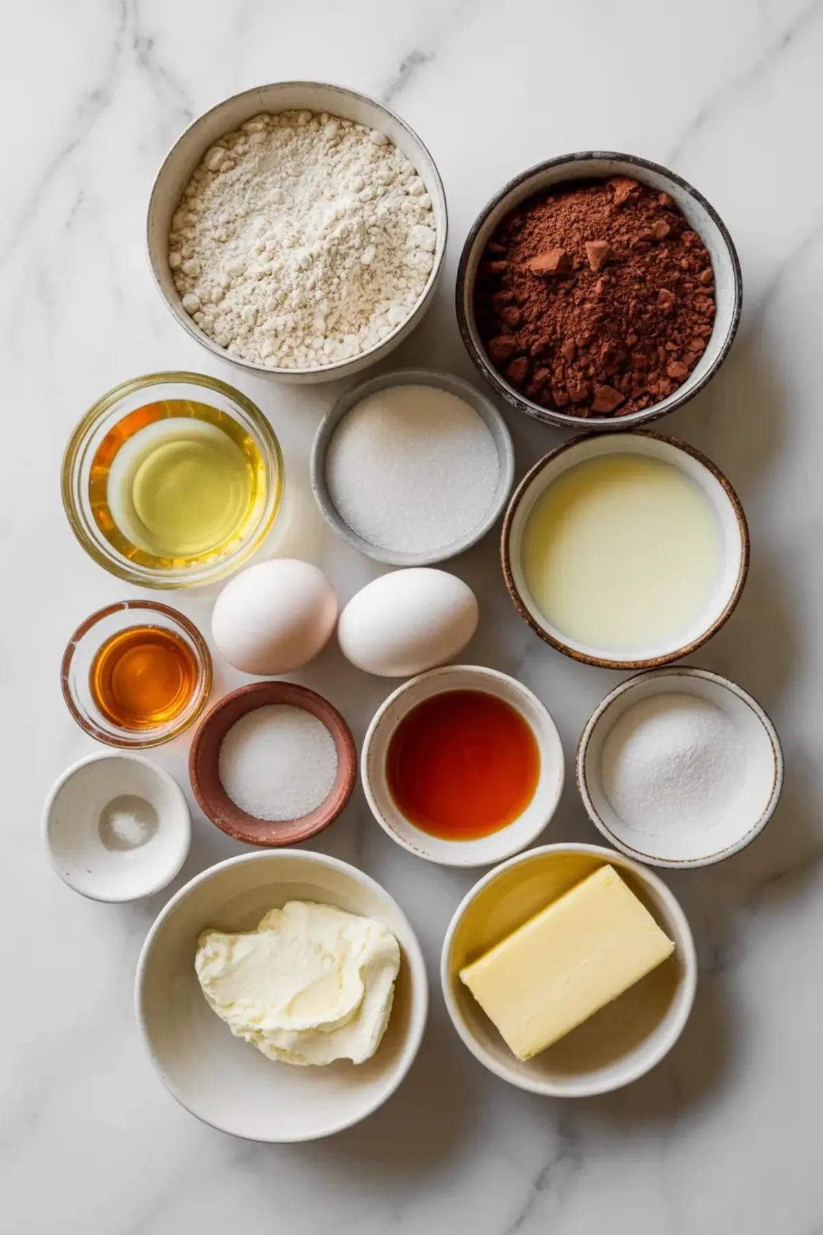 Ingredients for patriotic red velvet cupcakes arranged with flour, cocoa, buttermilk, eggs, sugar, oil, butter, cream cheese, and vanilla.