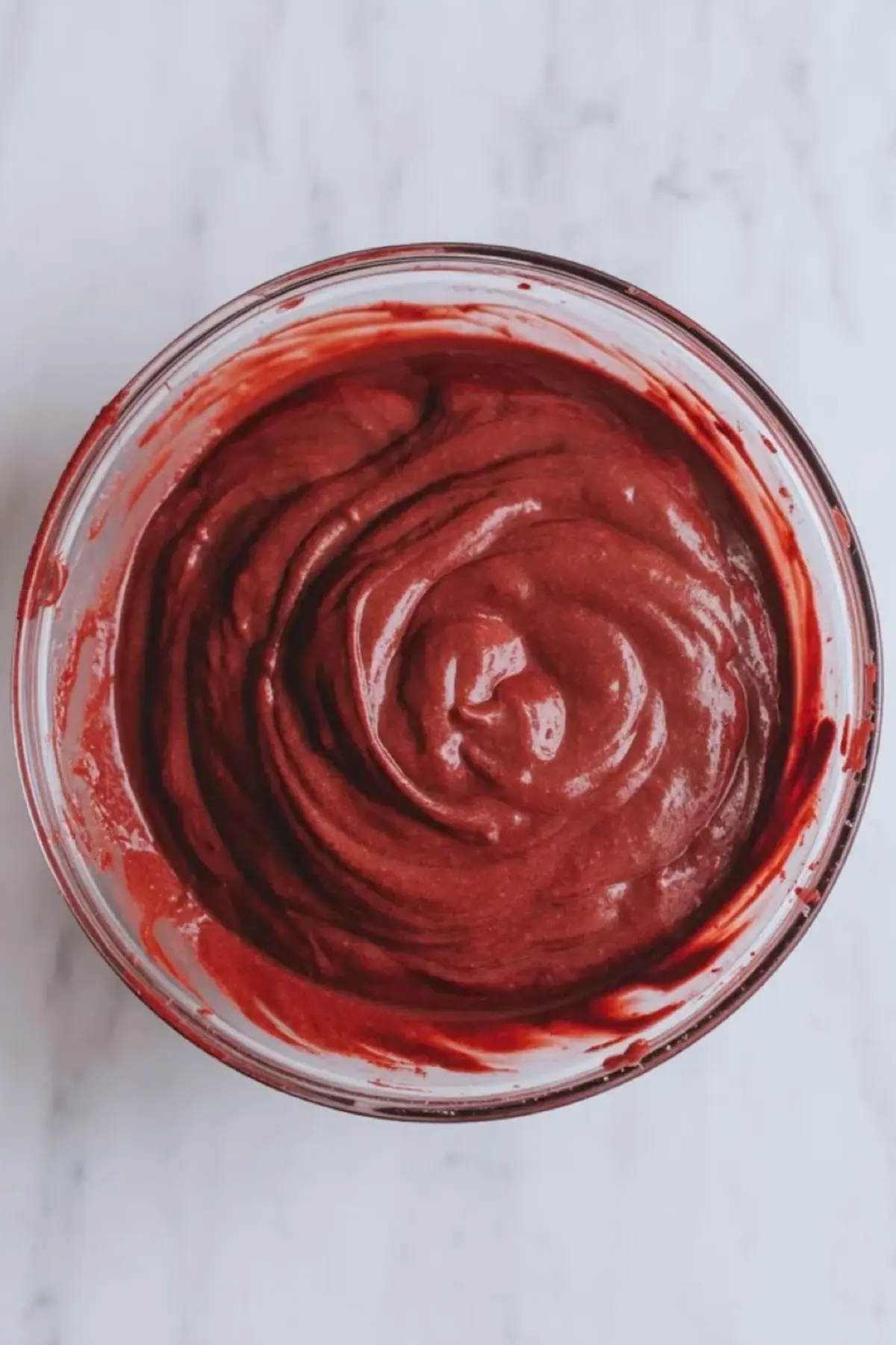 Red velvet cupcake batter mixed until smooth and vividly red in a glass bowl.