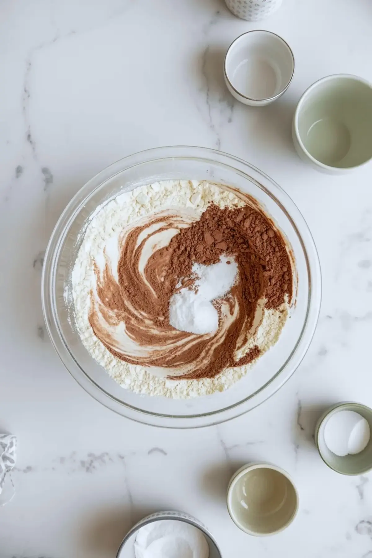Dry ingredients for patriotic red velvet cupcakes mixed in a bowl with flour, cocoa, and leavening before combining.