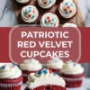 Patriotic red velvet cupcakes with cream cheese frosting and star sprinkles, including a cut cupcake showing the red crumb inside.