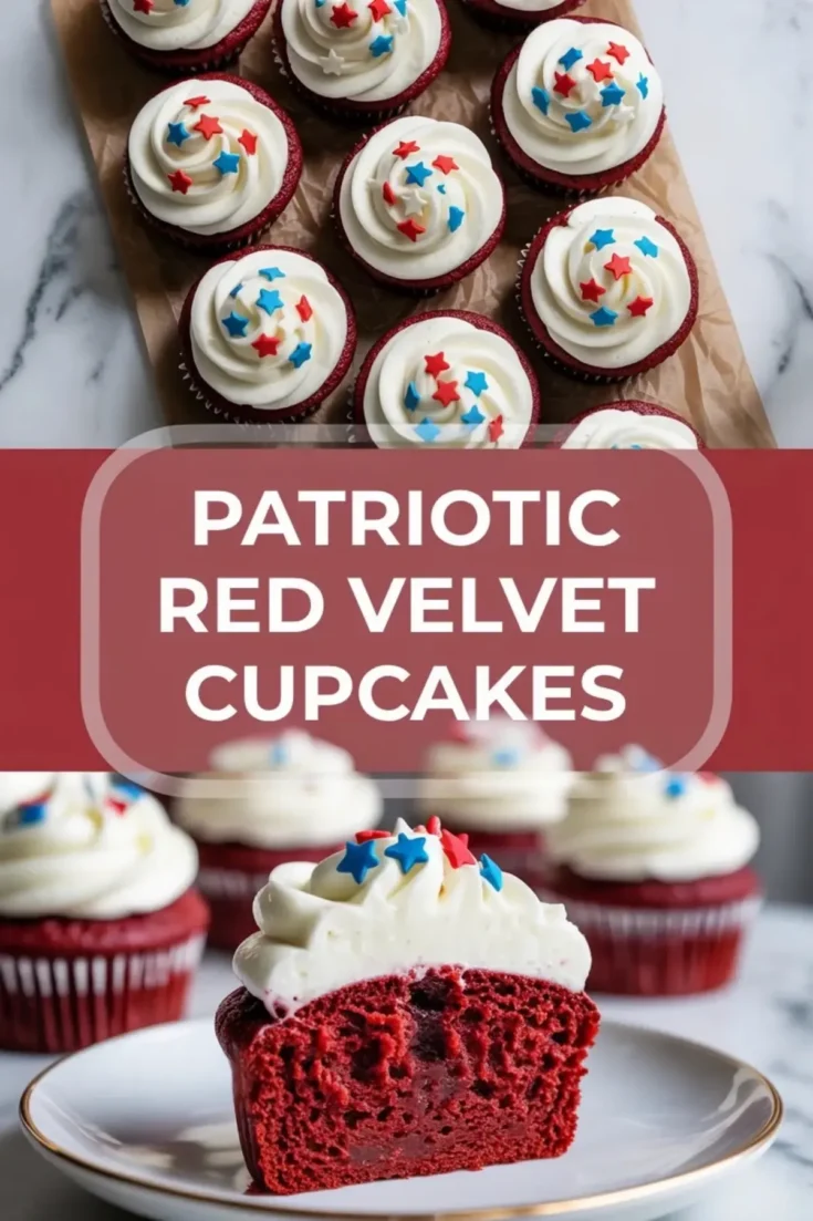 Patriotic red velvet cupcakes with cream cheese frosting and star sprinkles, including a cut cupcake showing the red crumb inside.
