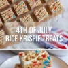 Patriotic Rice Krispie treats with white chocolate drizzle and red, white, and blue candy pieces, shown as cut squares and stacked treats.