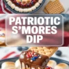 Patriotic s’mores dip with melted chocolate, toasted marshmallows, and red, white, and blue sprinkles, shown with a graham cracker dipped into the center.